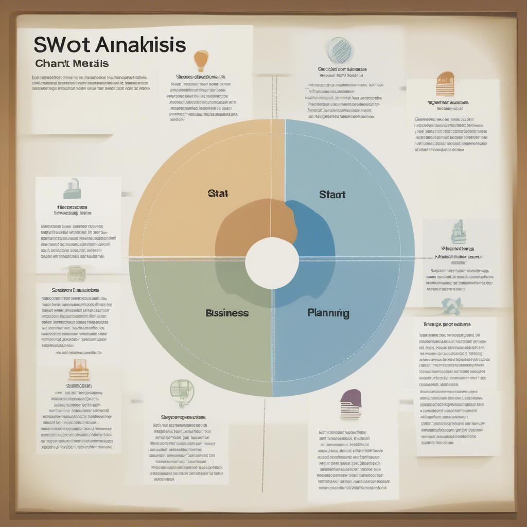 Phân tích mô hình SWOT trong quản trị chiến lược: Hình ảnh minh họa bảng phân tích SWOT với các yếu tố mạnh, yếu, cơ hội và thách thức.