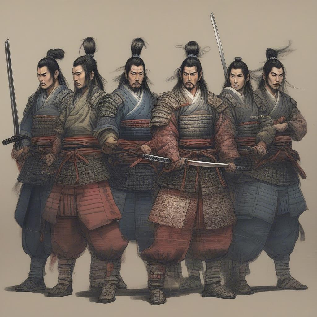 Đội quân tóc dài trong lịch sử - Hình ảnh minh họa về các chiến binh Samurai với mái tóc dài được búi gọn gàng, mặc áo giáp và cầm kiếm katana.